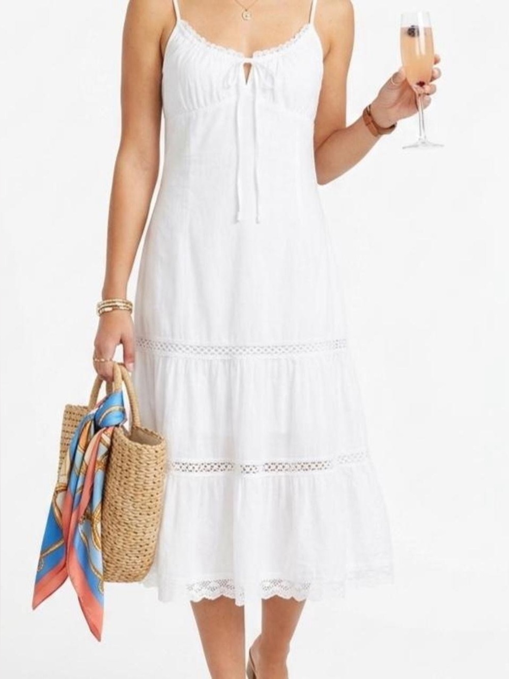 White Tiered Cottagecore Midi Sundress with Tie Front